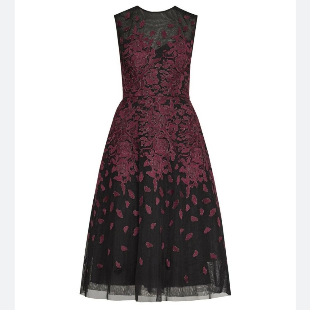 BCBGMaxazria Floral Embroidered Evening Dress Bordeaux Combo